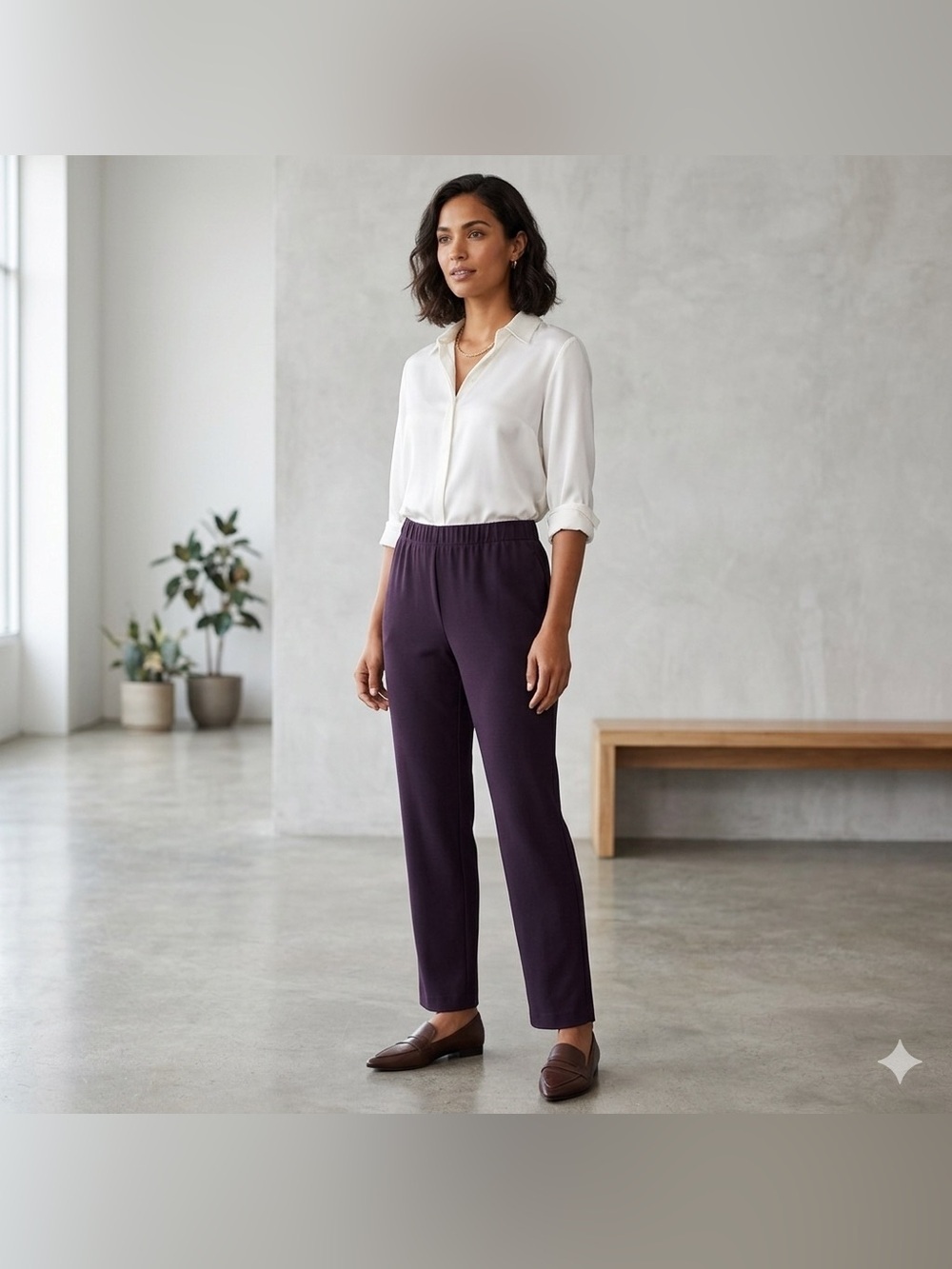 Eileen Fisher Dark Purple Washable Stretch Crepe Slim Ankle Pants Size M